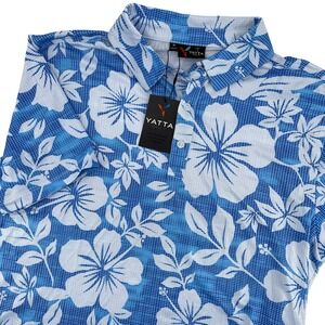 NEW Yatta Golf Mens‎ M Blue White Hibiscus Floral Print Short Sleeve Polo Shirt